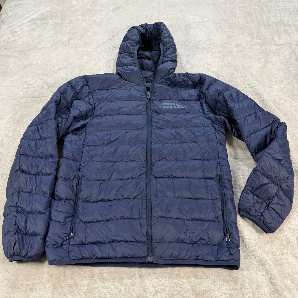 Eddie Bauer Mens Small Navy Blue 650 Fill Down Hooded Puffer Jacket Goose EUC